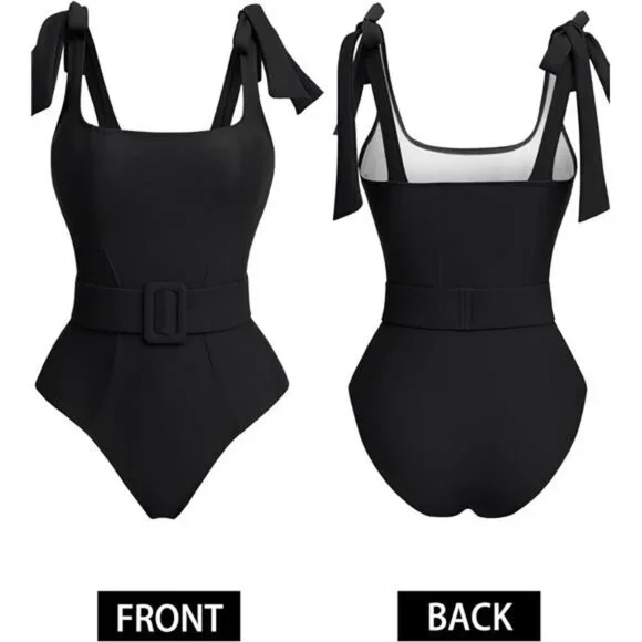 Women's One Piece Swimsuit Belted Tummy Control Square Neck Tie Shoulder
